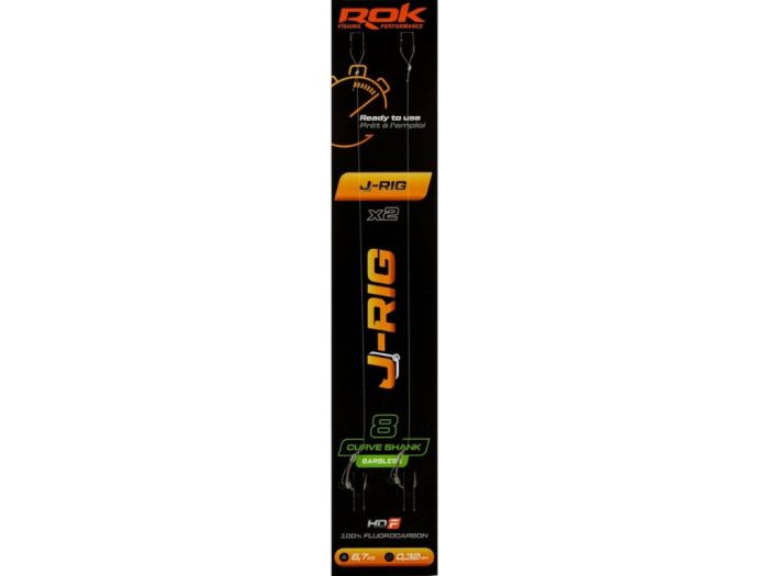 ROK J-RIG Curve Shank Barbless - 2db/csomag - előkötött szakáll nélküli horog - 8 - 0,32mm