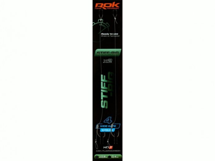 ROK STIFF RIG Wide Gape Barbless - 2db/csomag - előkötött szakáll nélküli horog - 4 - 0,40mm