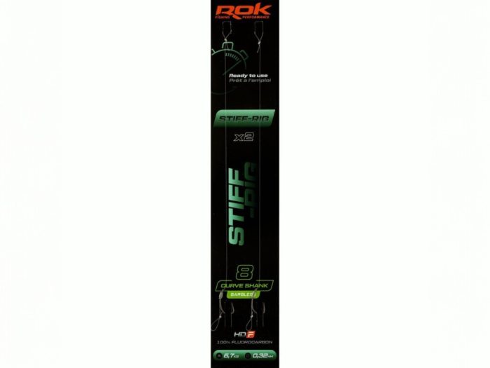 ROK STIFF RIG Curve Shank Barbless - 2db/csomag - előkötött szakáll nélküli horog - 8 - 0,32mm